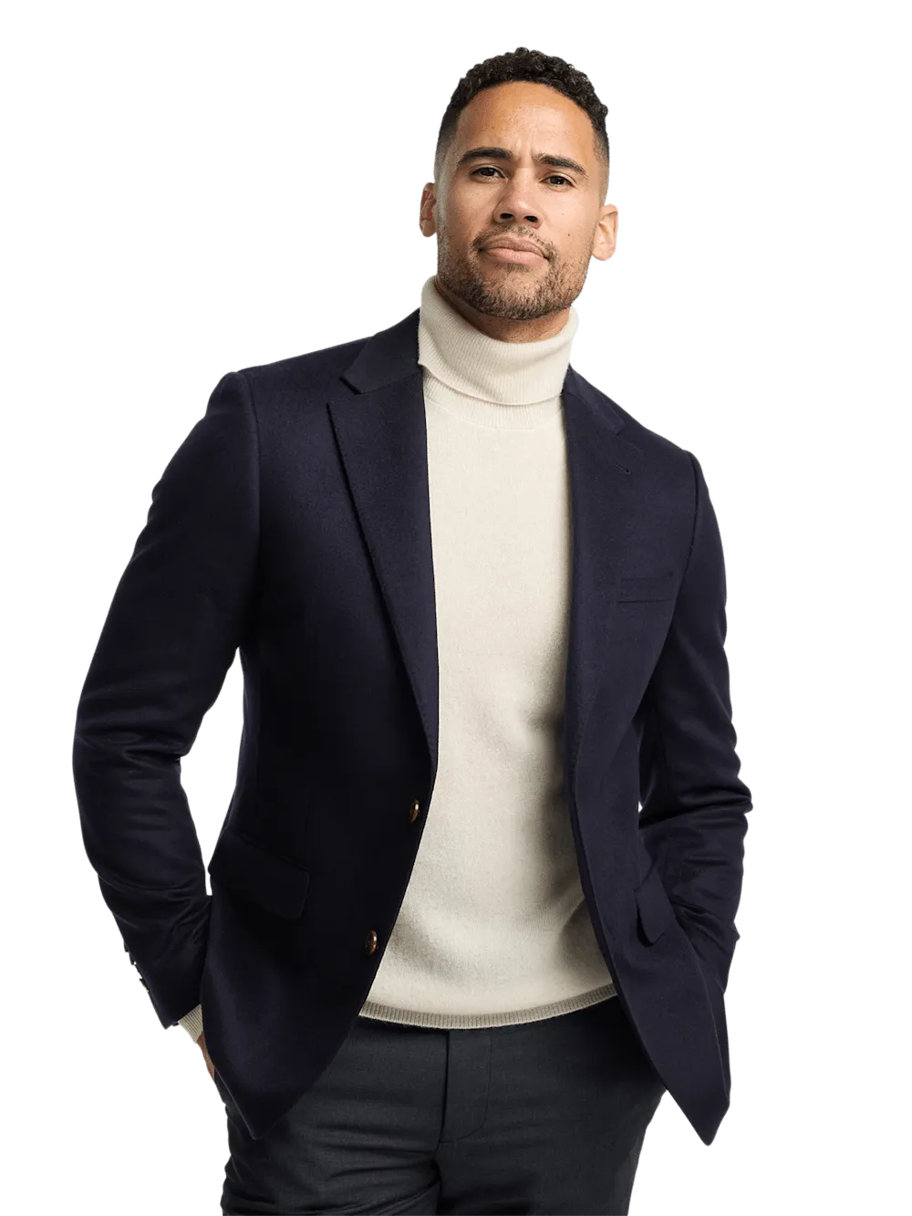 Cashmere Single Breasted Notch Lapel Sport Coat - Navy