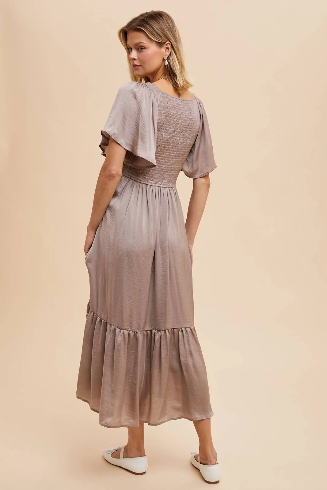 Cashmere Smocked Washed Satin Midi Dress