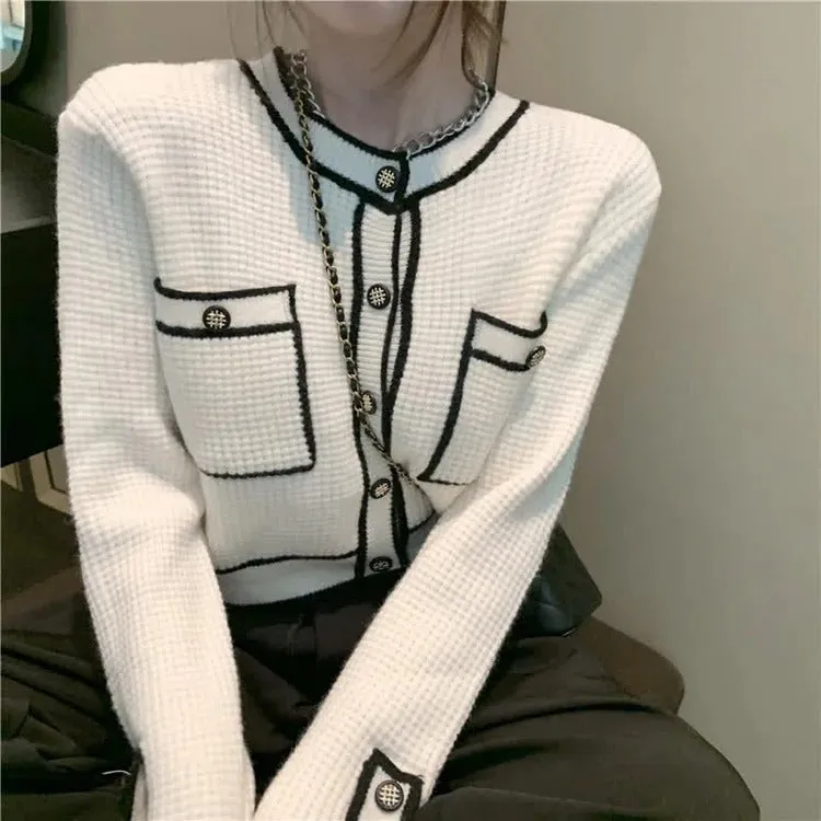 Chic Colorblock Pockets Crop Knit Cardigan Sweater