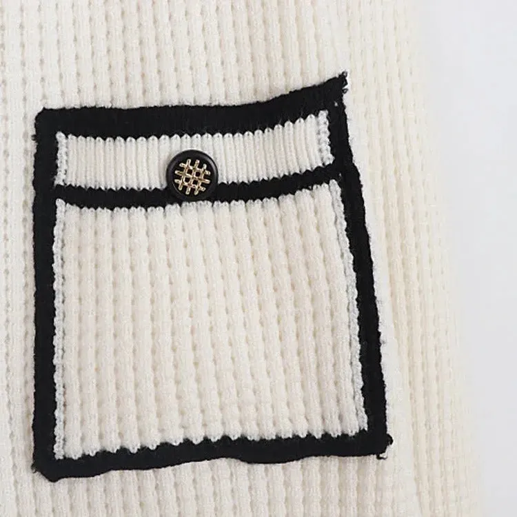 Chic Colorblock Pockets Crop Knit Cardigan Sweater