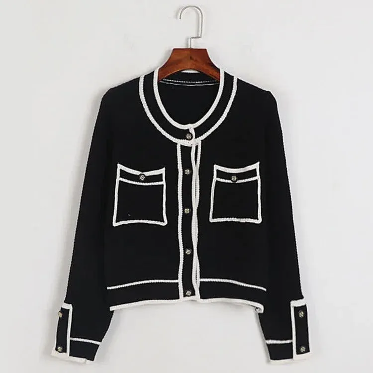 Chic Colorblock Pockets Crop Knit Cardigan Sweater