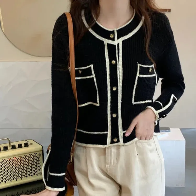 Chic Colorblock Pockets Crop Knit Cardigan Sweater