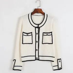 Chic Colorblock Pockets Crop Knit Cardigan Sweater