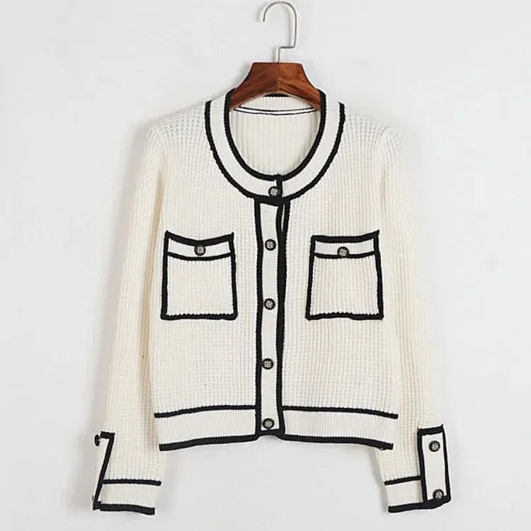 Chic Colorblock Pockets Crop Knit Cardigan Sweater