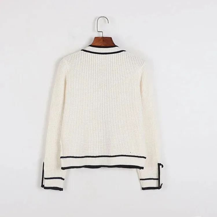 Chic Colorblock Pockets Crop Knit Cardigan Sweater