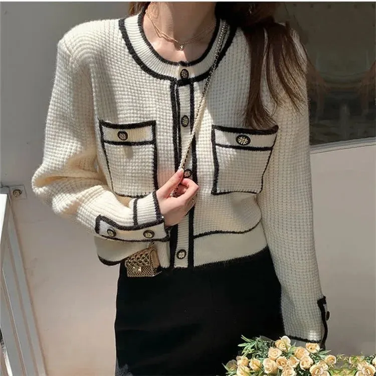 Chic Colorblock Pockets Crop Knit Cardigan Sweater