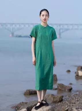Classic Linen Cheongsam Dress in Green
