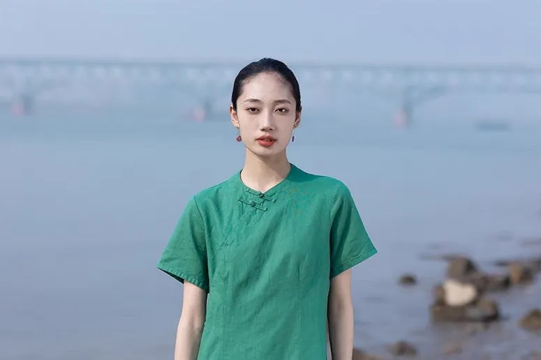 Classic Linen Cheongsam Dress in Green