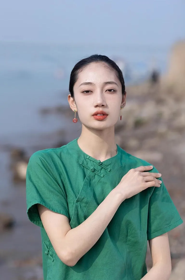 Classic Linen Cheongsam Dress in Green