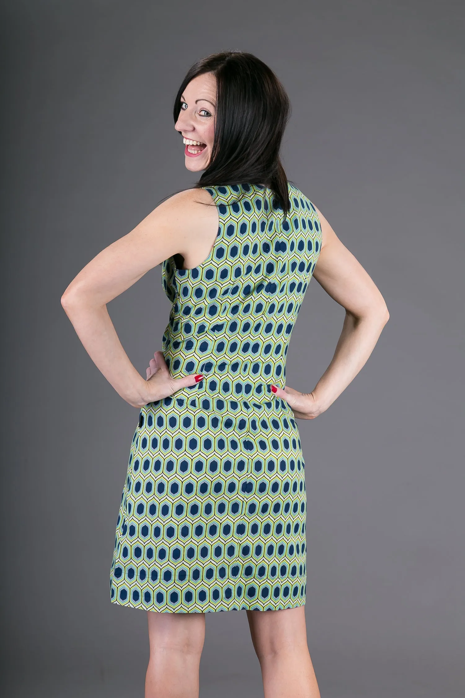 Classic Sheath Cotton Dress Blue Yellow Geometric Print