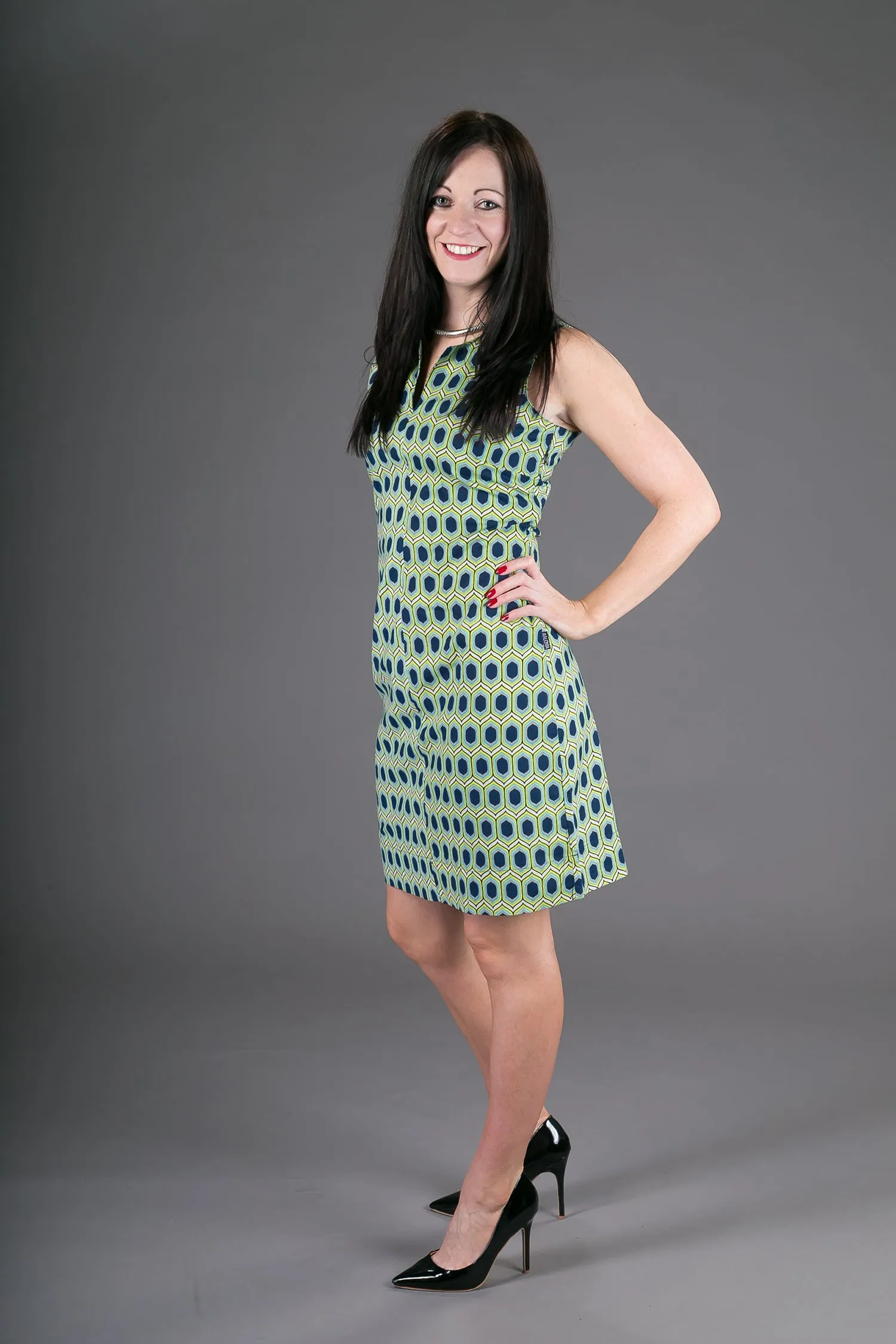 Classic Sheath Cotton Dress Blue Yellow Geometric Print