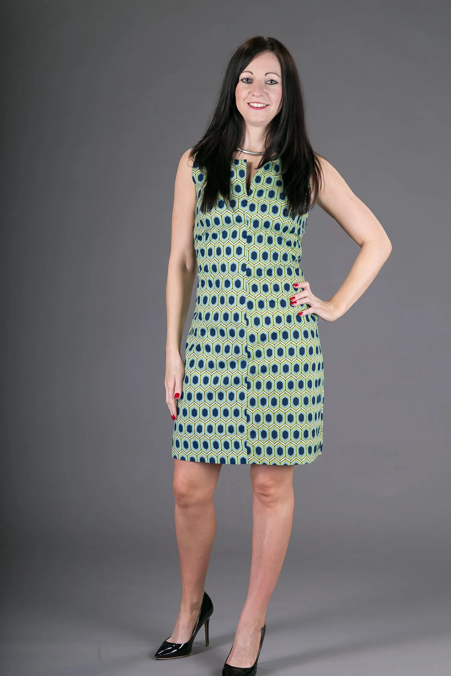 Classic Sheath Cotton Dress Blue Yellow Geometric Print
