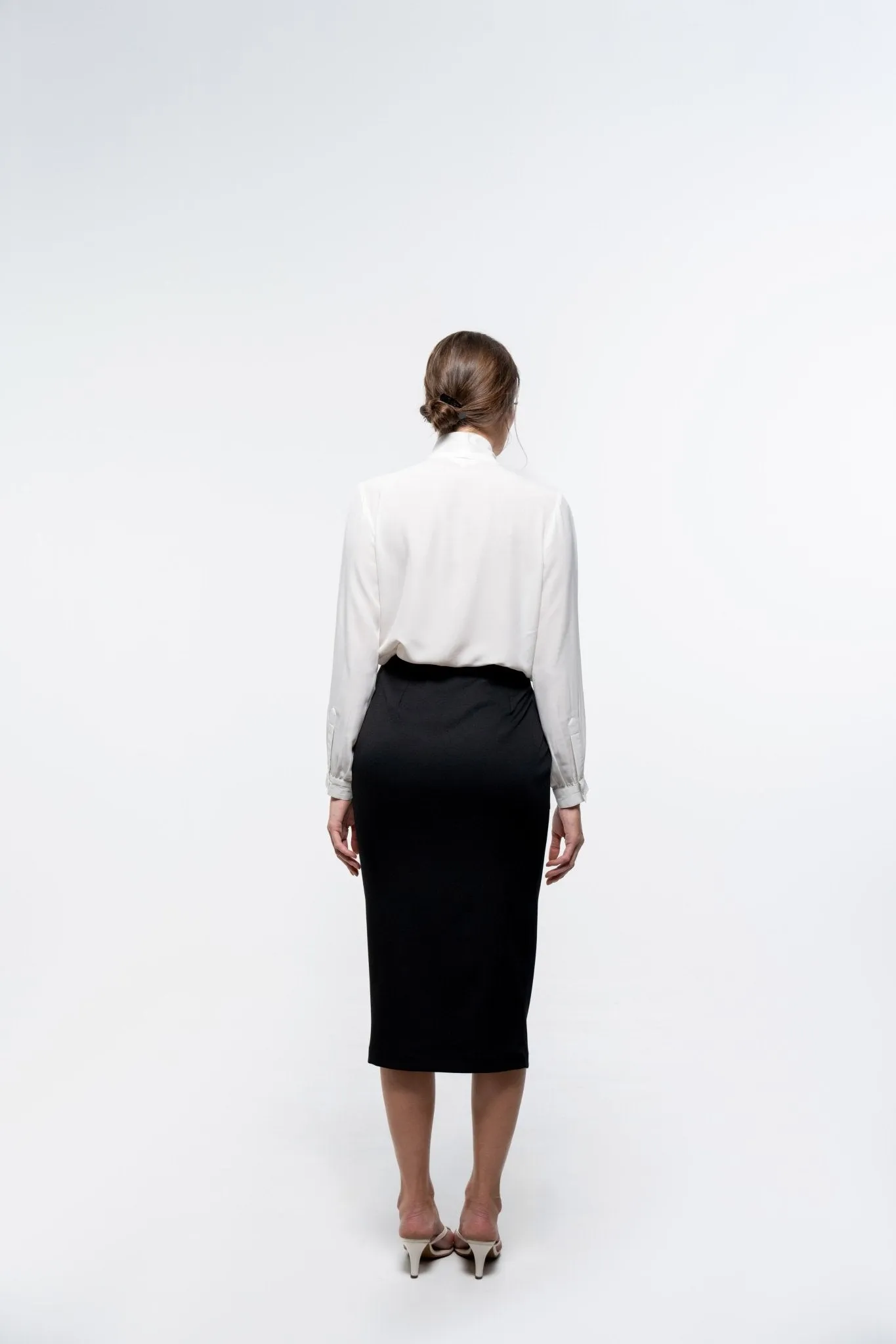Classic White Tie Neck Shirt and Black Pencil Skirt Co-Ord Ensemble