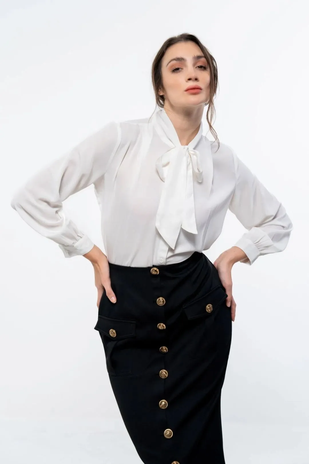 Classic White Tie Neck Shirt and Black Pencil Skirt Co-Ord Ensemble