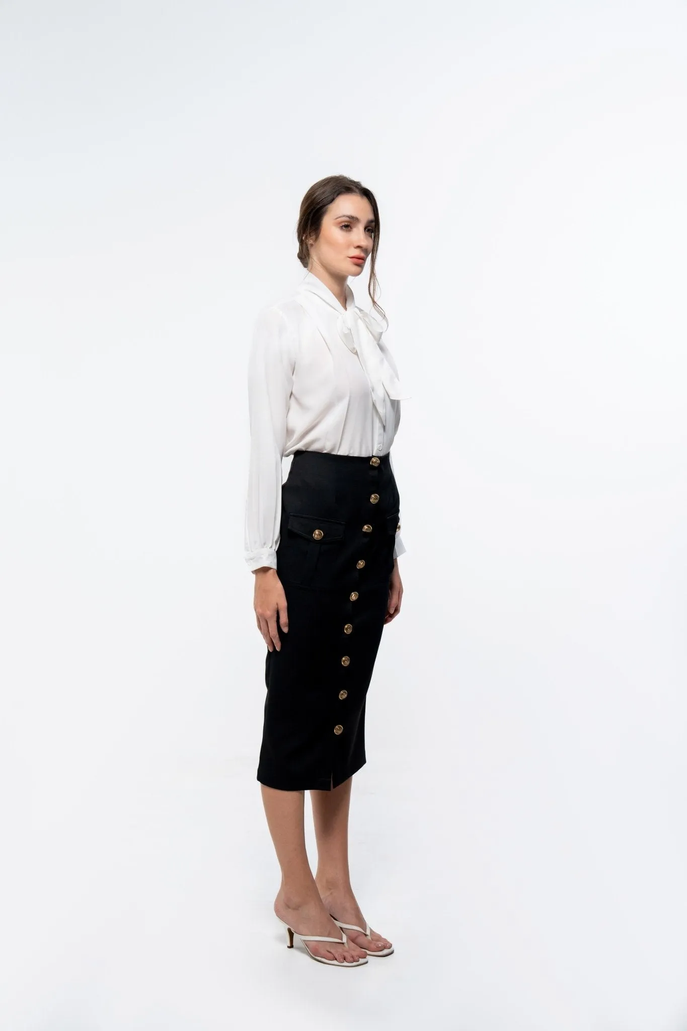 Classic White Tie Neck Shirt and Black Pencil Skirt Co-Ord Ensemble