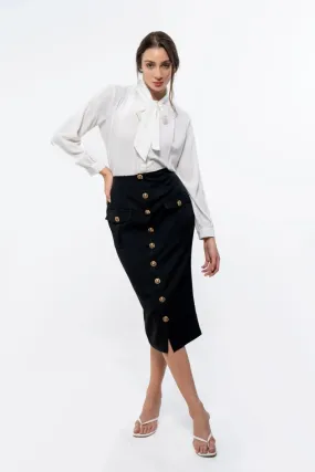 Classic White Tie Neck Shirt and Black Pencil Skirt Co-Ord Ensemble