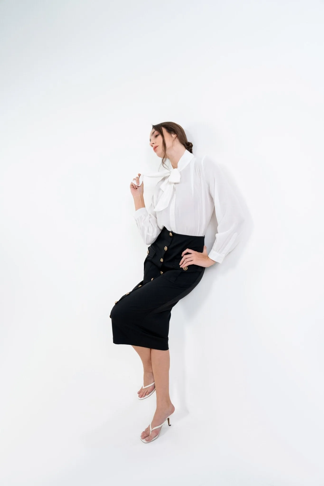 Classic White Tie Neck Shirt and Black Pencil Skirt Co-Ord Ensemble
