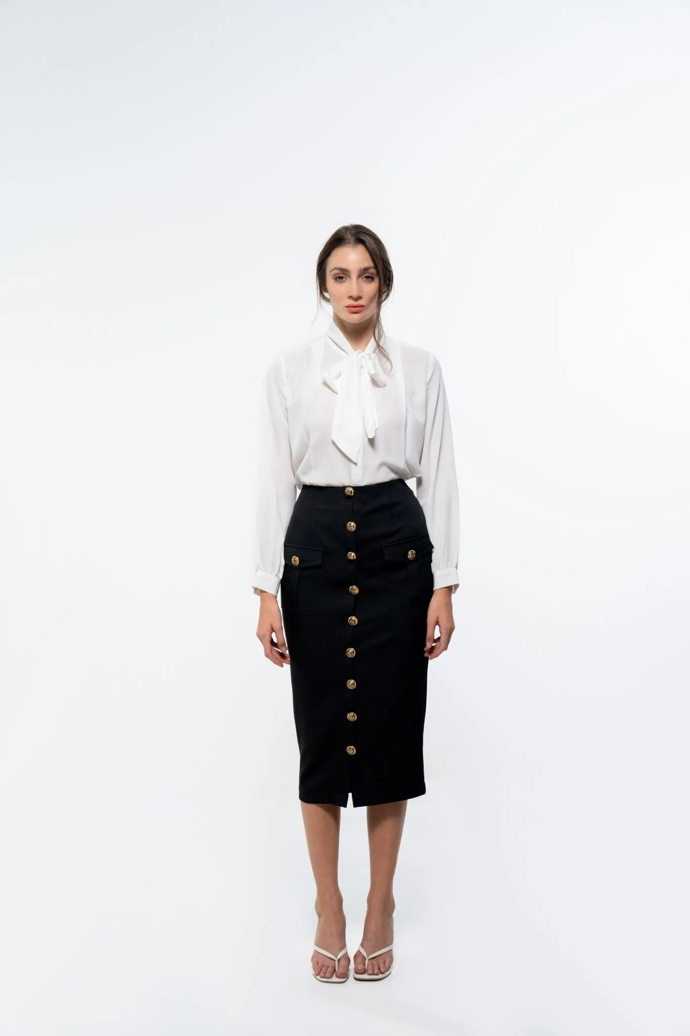 Classic White Tie Neck Shirt and Black Pencil Skirt Co-Ord Ensemble