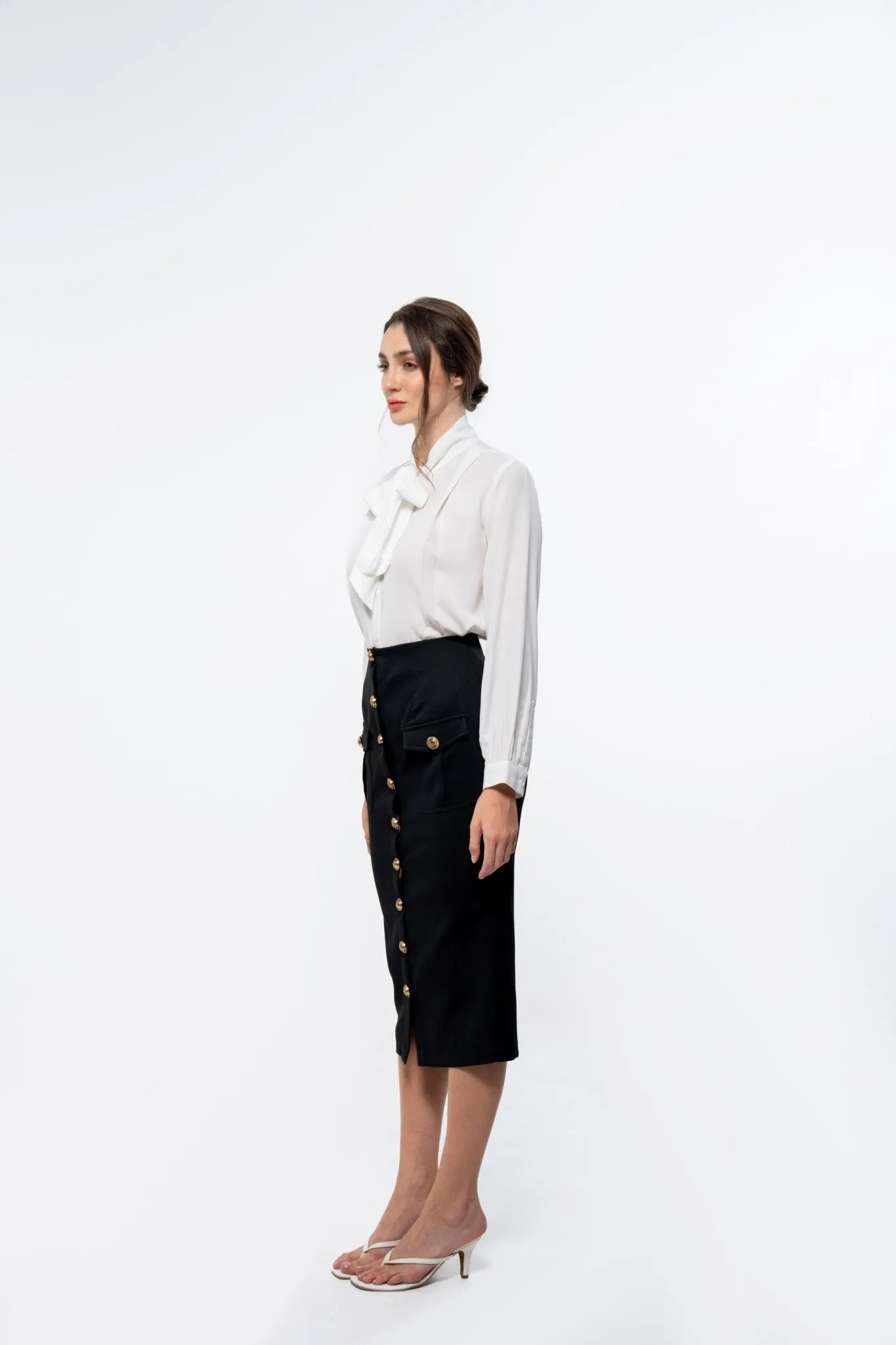 Classic White Tie Neck Shirt and Black Pencil Skirt Co-Ord Ensemble