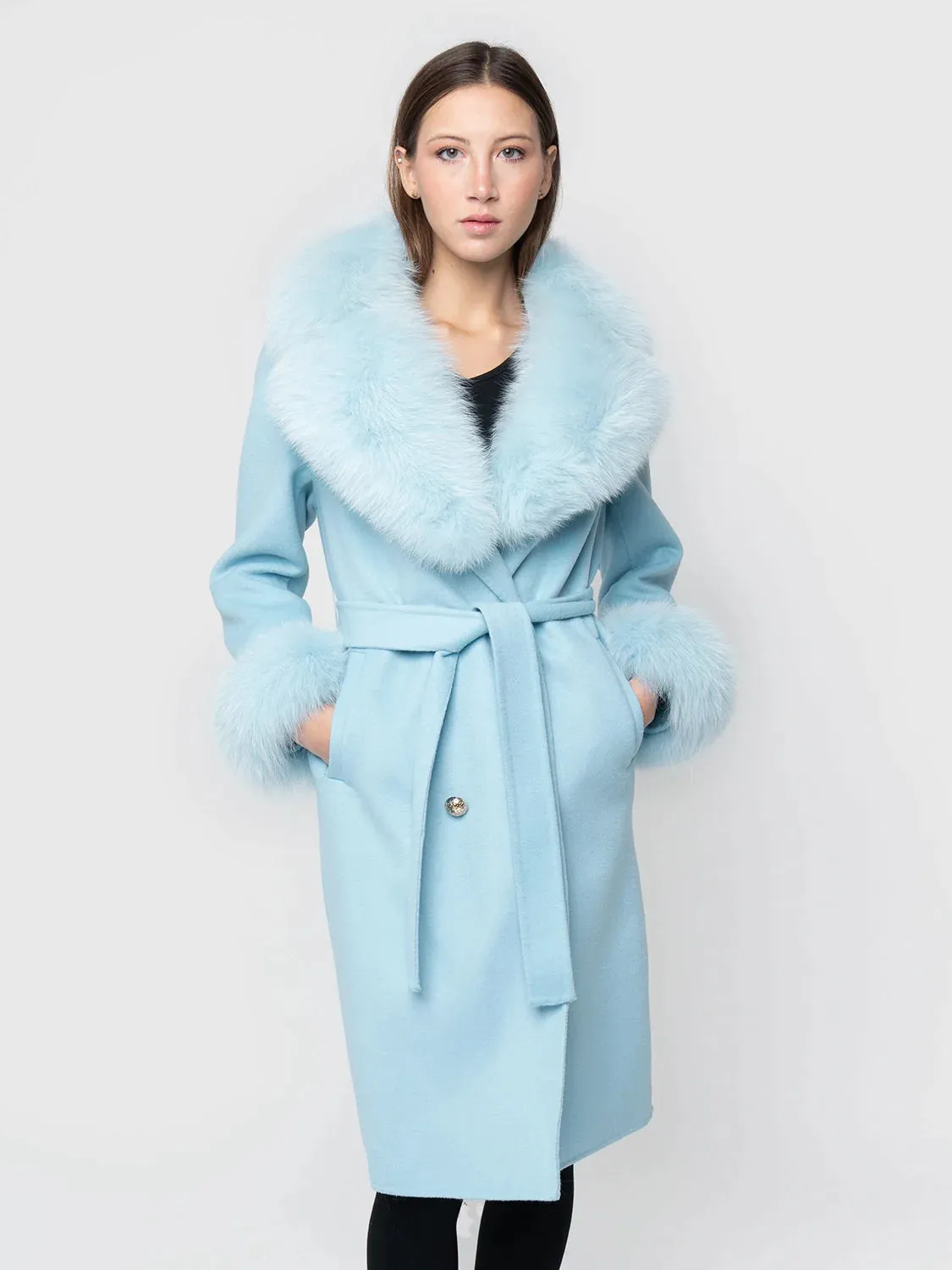 COAT - cashmere, light blue fox collar and cuffs
