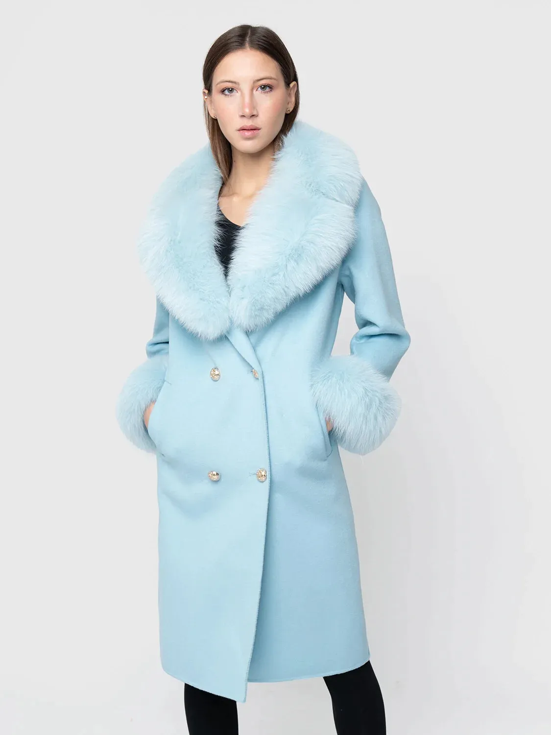 COAT - cashmere, light blue fox collar and cuffs