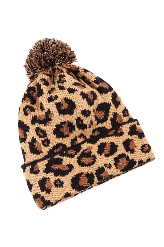 Cuffed Leopard Print Pom-Pom Beanie