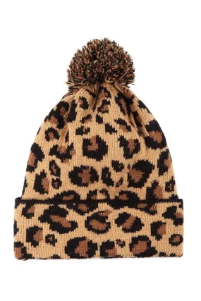 Cuffed Leopard Print Pom-Pom Beanie