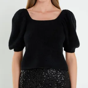 Custom 100% Cotton Puff Sleeve Square Neck Women's Knitted Sweater