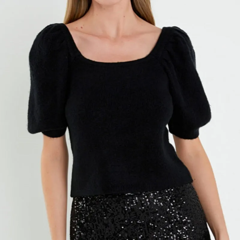 Custom 100% Cotton Puff Sleeve Square Neck Women's Knitted Sweater