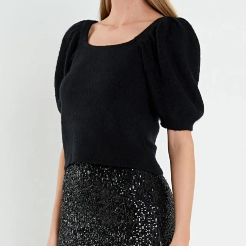 Custom 100% Cotton Puff Sleeve Square Neck Women's Knitted Sweater