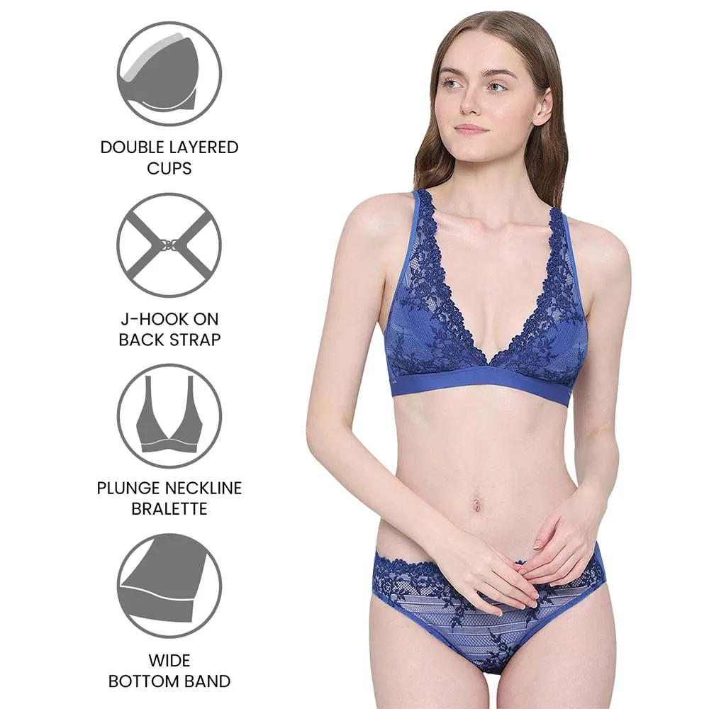 Embrace Lace Non Padded Non Wired 3/4th Cup Bridal Wear Medium coverage Lace Bralette - Dark Blue
