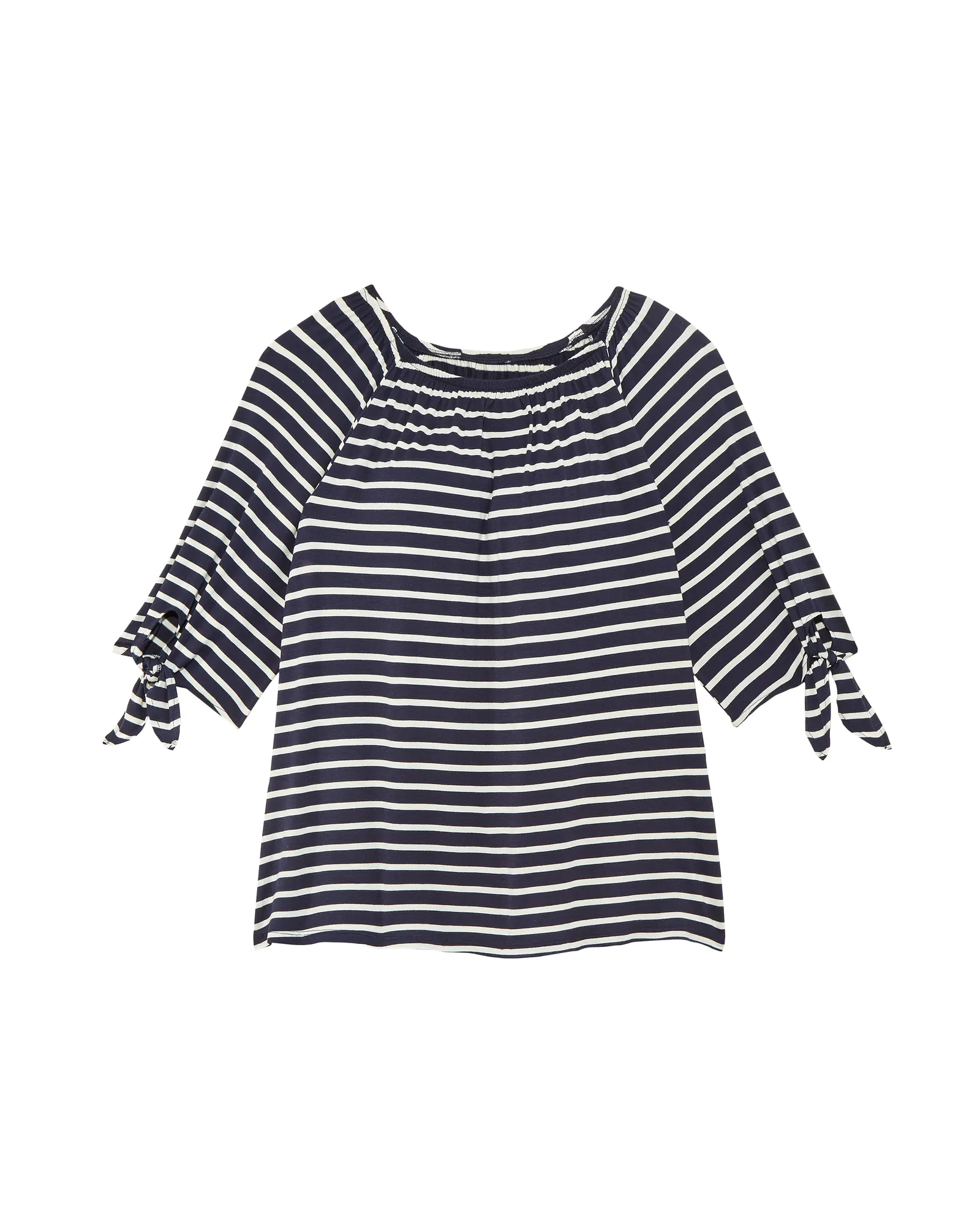 Emma Tied Sleeve Crew Neck Tee | Navy / White