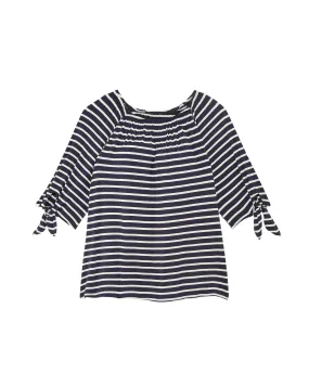 Emma Tied Sleeve Crew Neck Tee | Navy / White