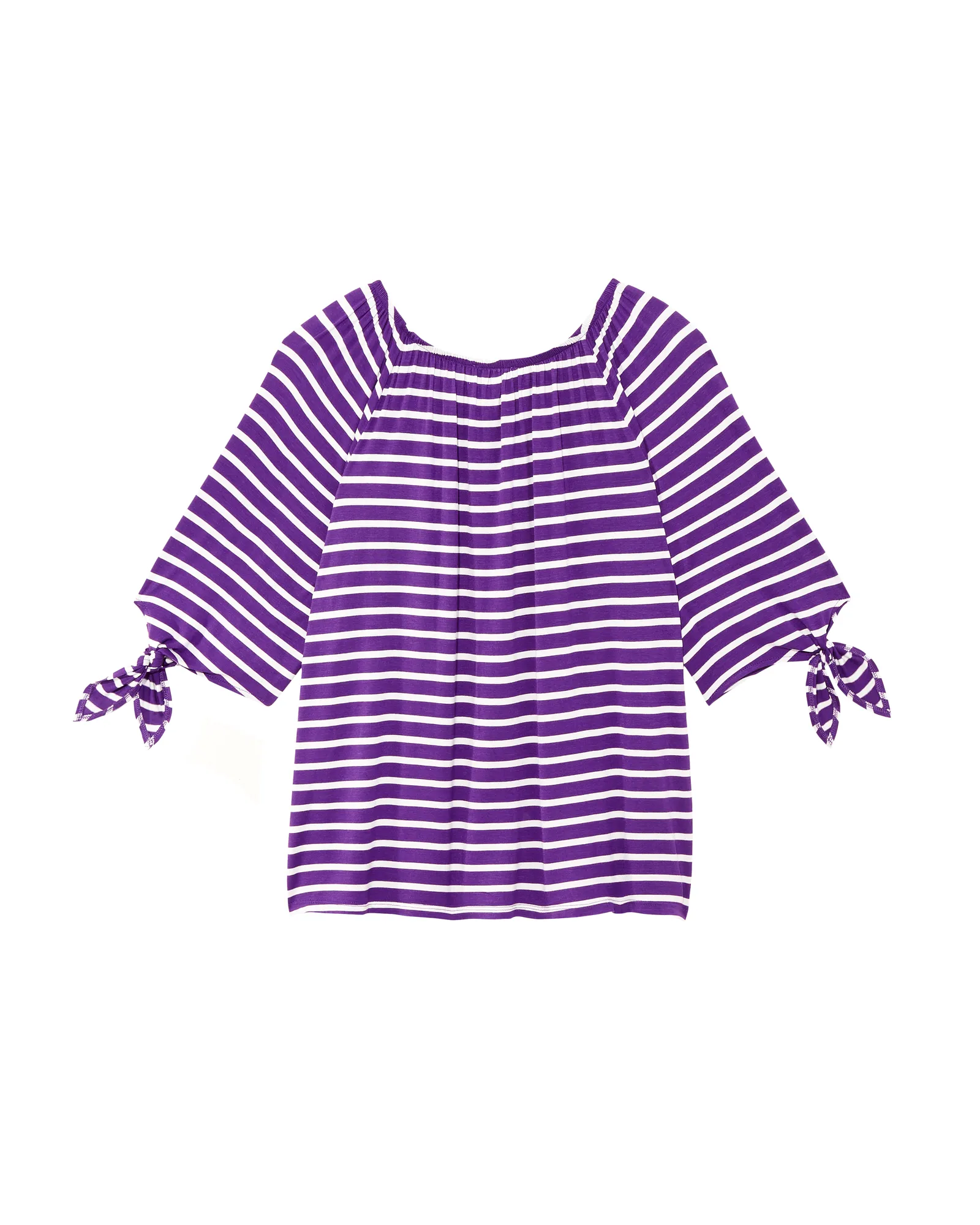 Emma Tied Sleeve Crew Neck Tee | Purple / White