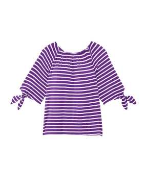Emma Tied Sleeve Crew Neck Tee | Purple / White