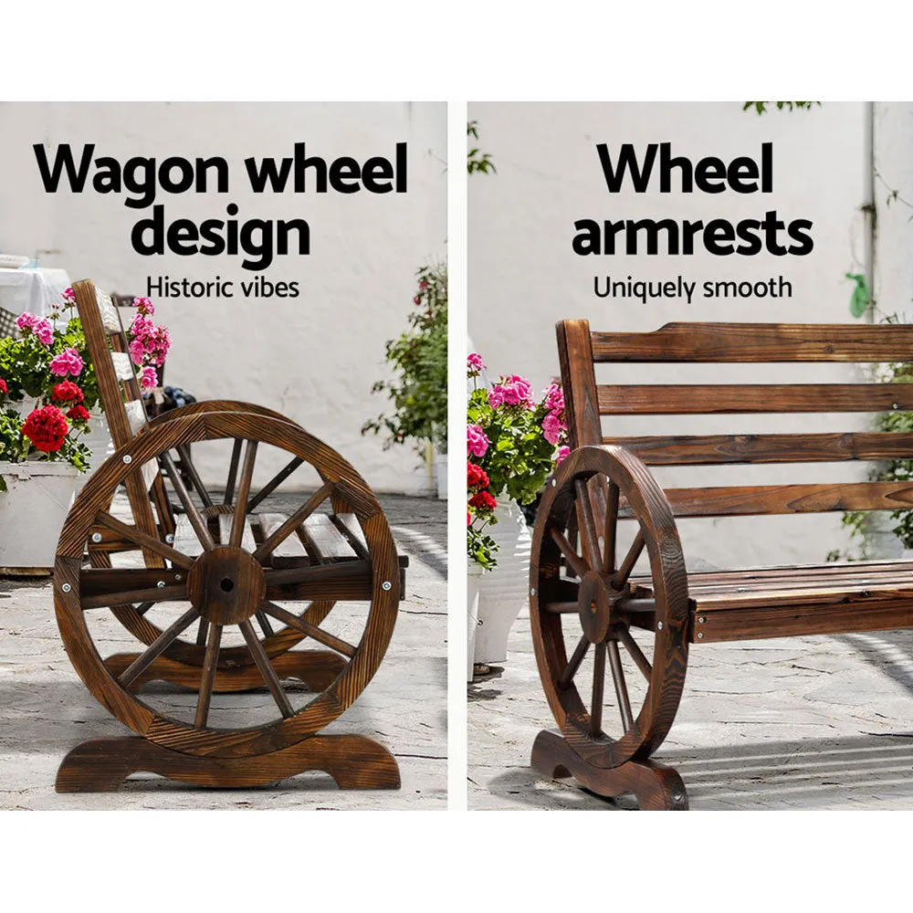 Garden Wooden Wagon Wheel Bench Rustic 2 Seater With Backrest