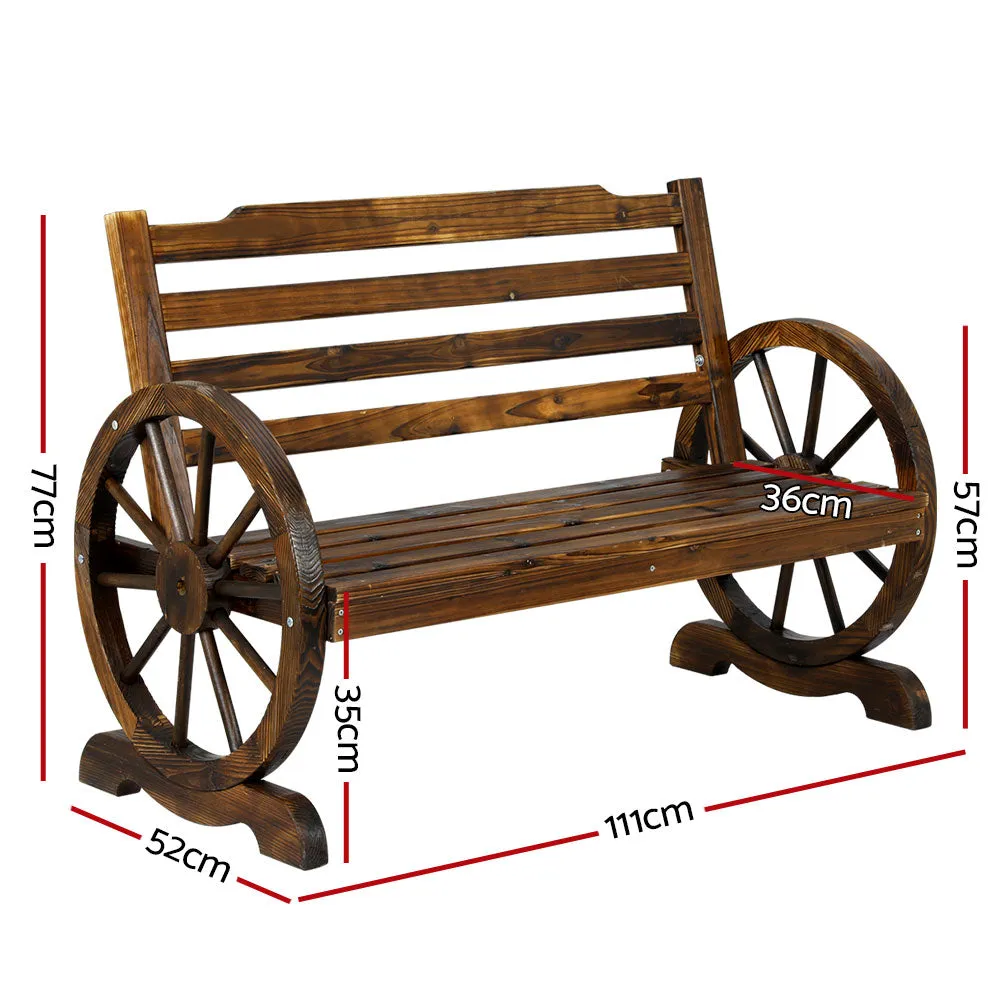 Garden Wooden Wagon Wheel Bench Rustic 2 Seater With Backrest