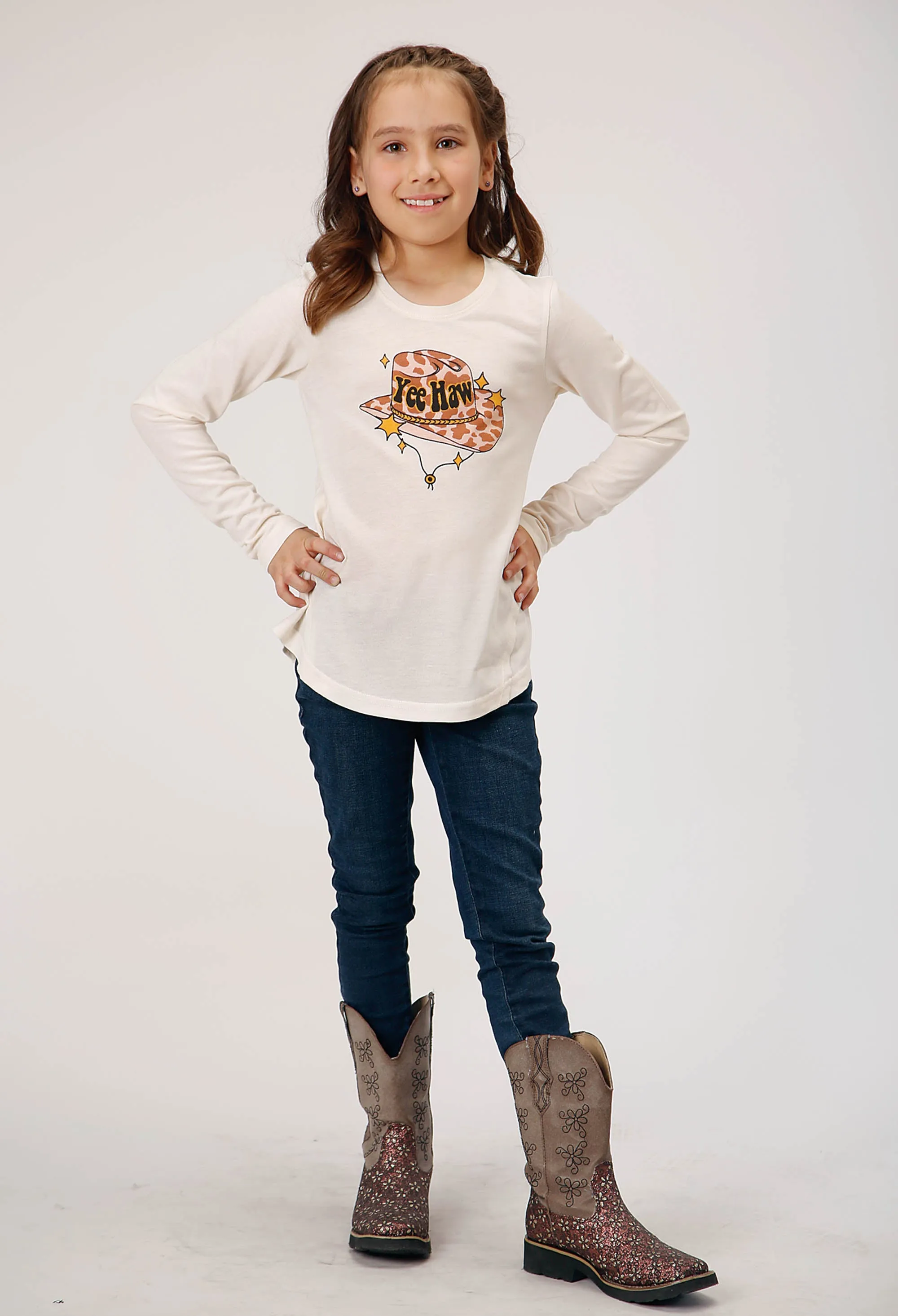 GIRLS LONG SLEEVE KNIT POLY RAYON CREAM SCOOP NECK T T-SHIRT