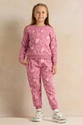 Girls Pink Allover Print Jog Set (2 Piece)