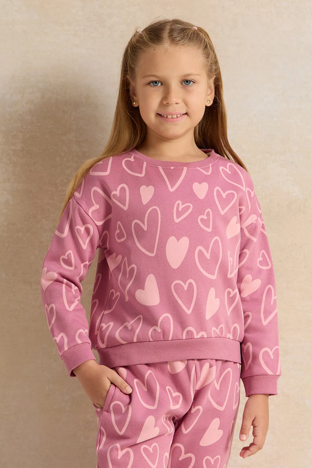 Girls Pink Allover Print Jog Set (2 Piece)