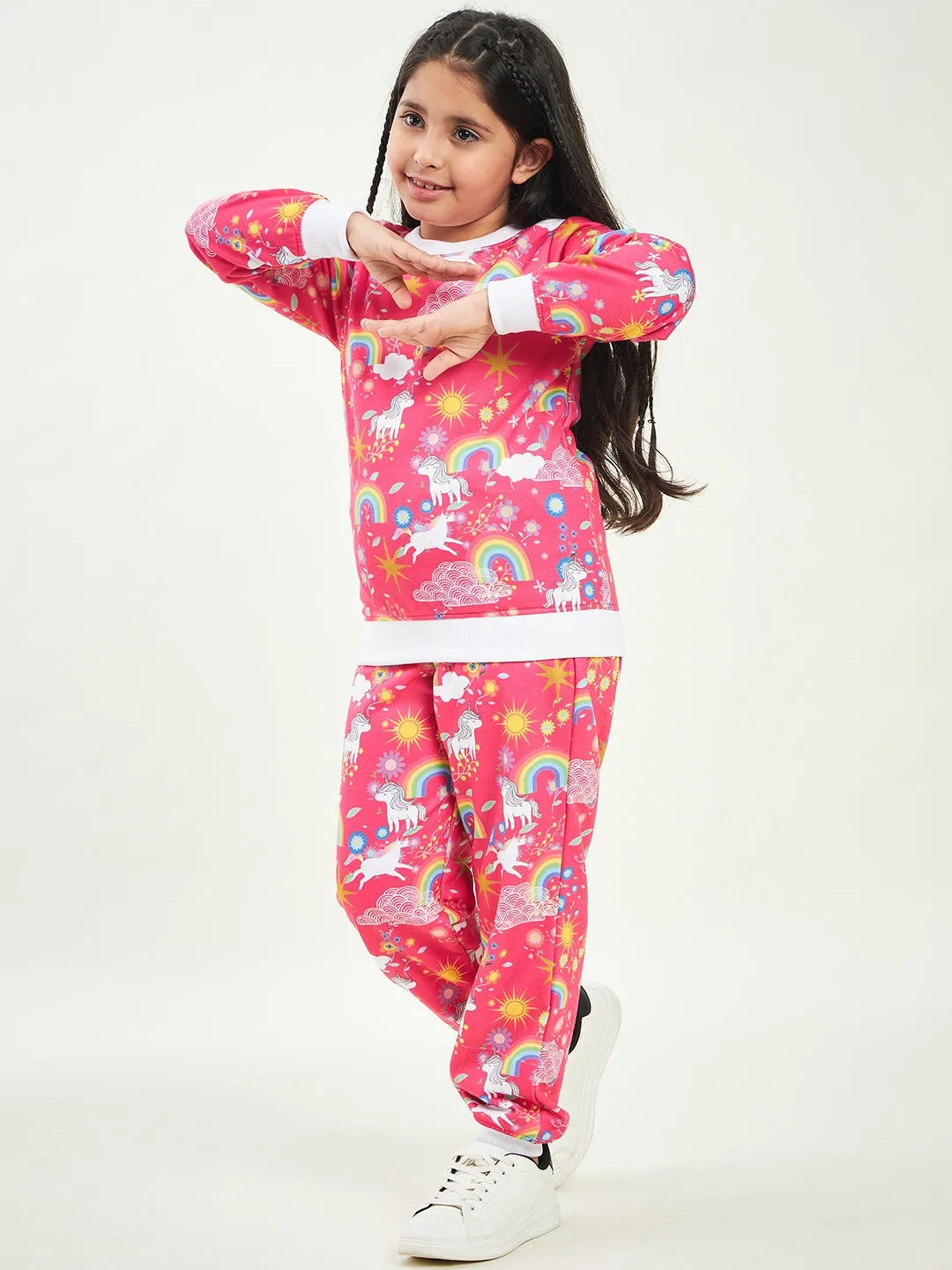 Girls Printed Fleece Sweatshirt With Joggers - Ps Peaches