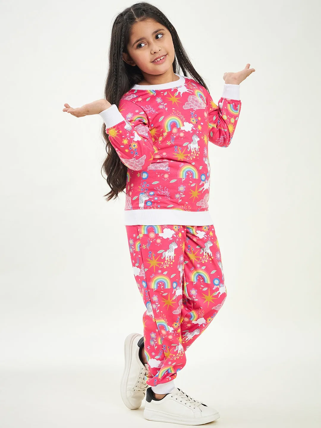 Girls Printed Fleece Sweatshirt With Joggers - Ps Peaches