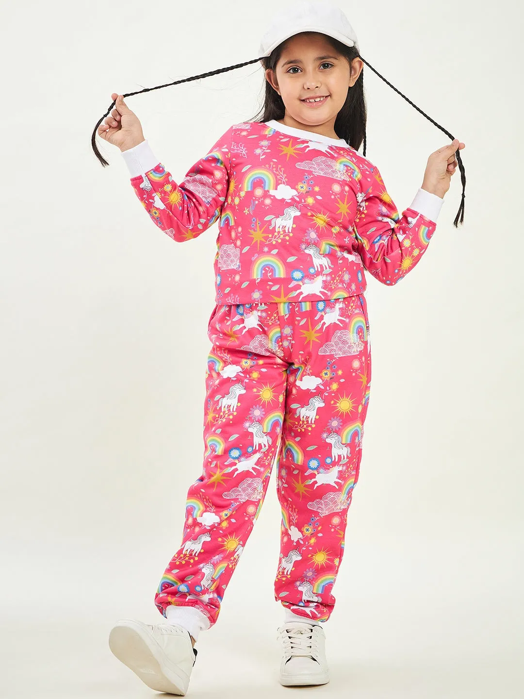 Girls Printed Fleece Sweatshirt With Joggers - Ps Peaches