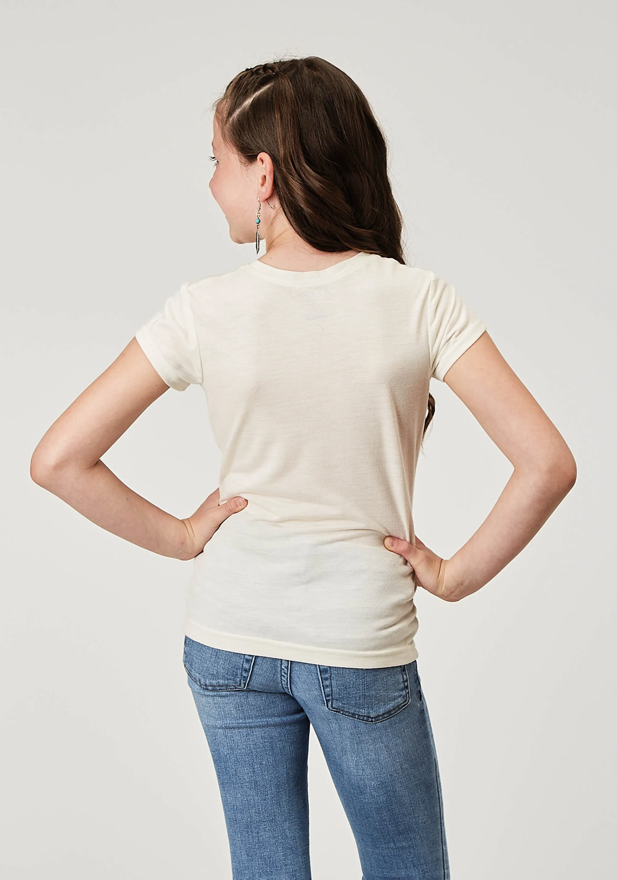 GIRLS SHORT SLEEVE POLY RAYON CREAM WESTERN T SHIRT WITH SCREEN PRINT DECORATION