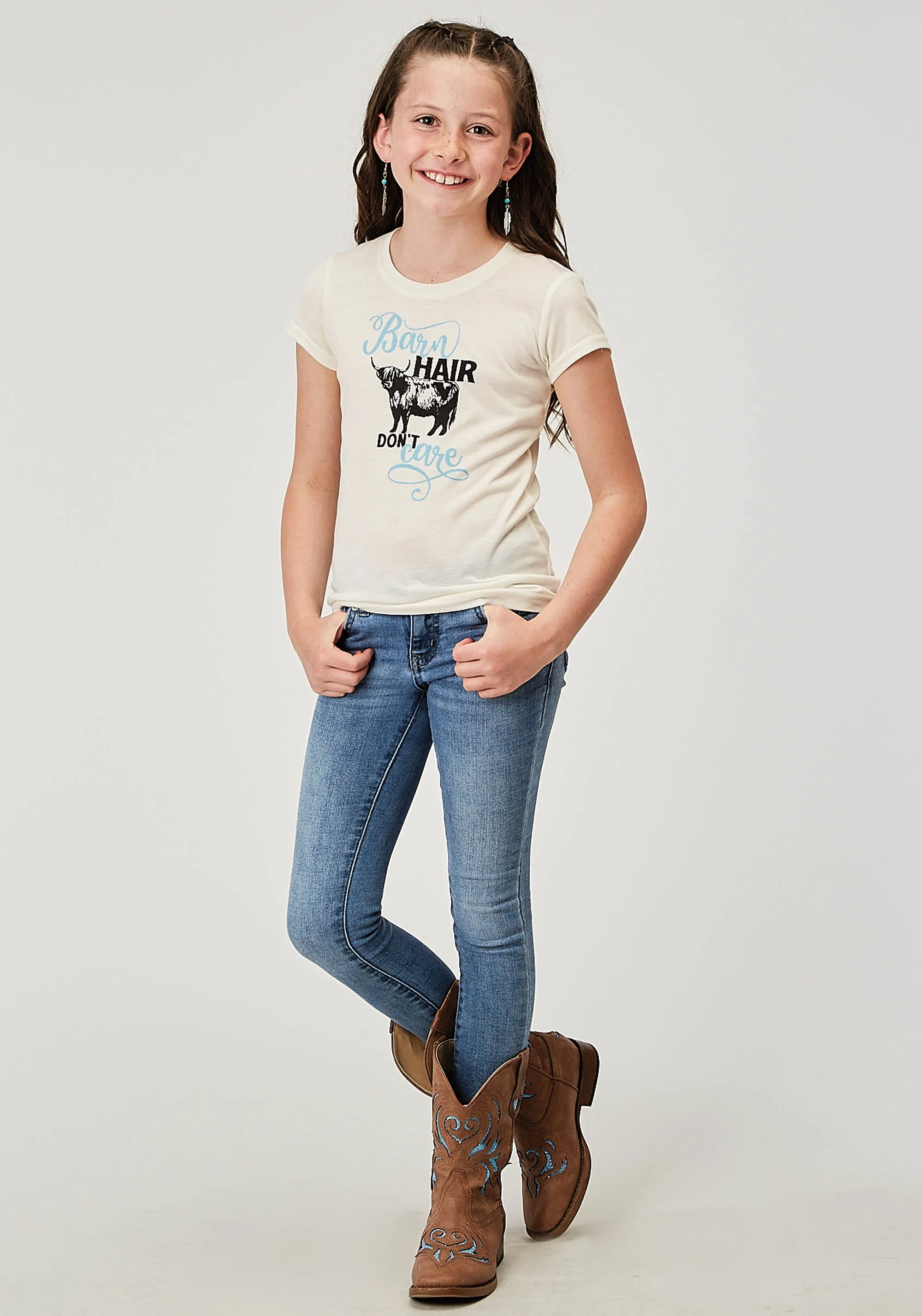 GIRLS SHORT SLEEVE POLY RAYON CREAM WESTERN T SHIRT WITH SCREEN PRINT DECORATION