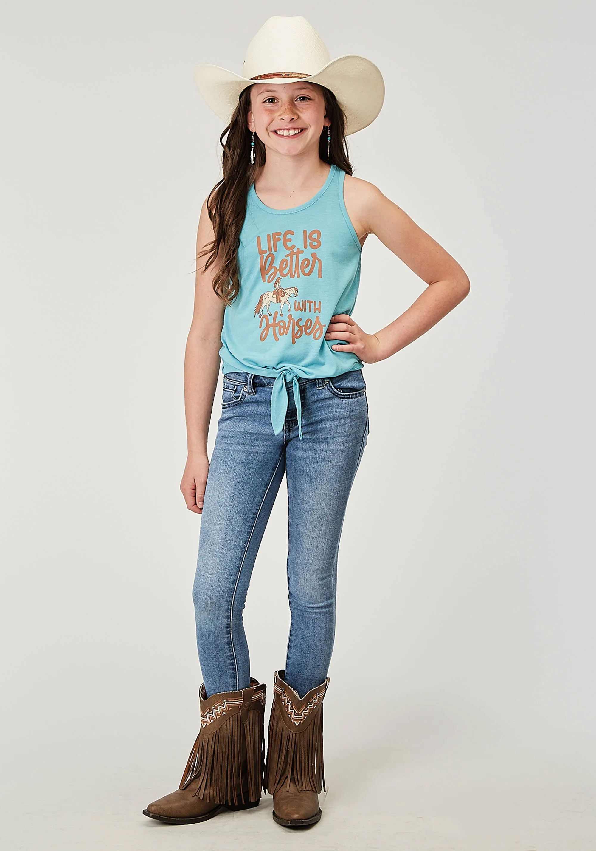 GIRLS SLEEVELESS LIGHT BLUE POLY RAYON RACERBACK TANK WITH FRONT TIE SCREEN PRINT DECORATION