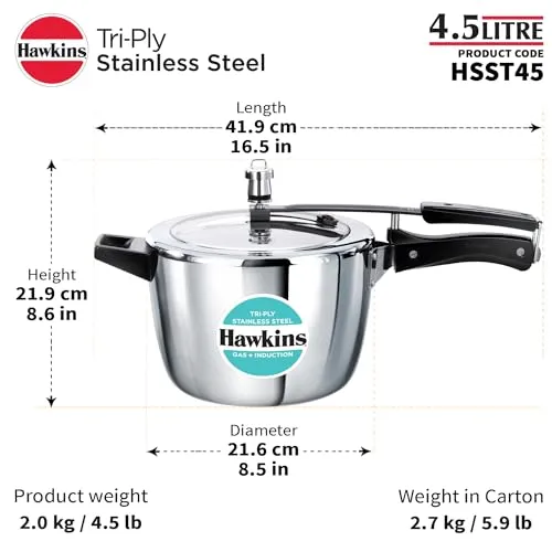 Hawkins 4.5 Litre Triply Stainless Steel Pressure Cooker, Inner Lid Cooker, Silver (HSST45)