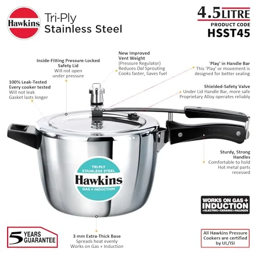 Hawkins 4.5 Litre Triply Stainless Steel Pressure Cooker, Inner Lid Cooker, Silver (HSST45)