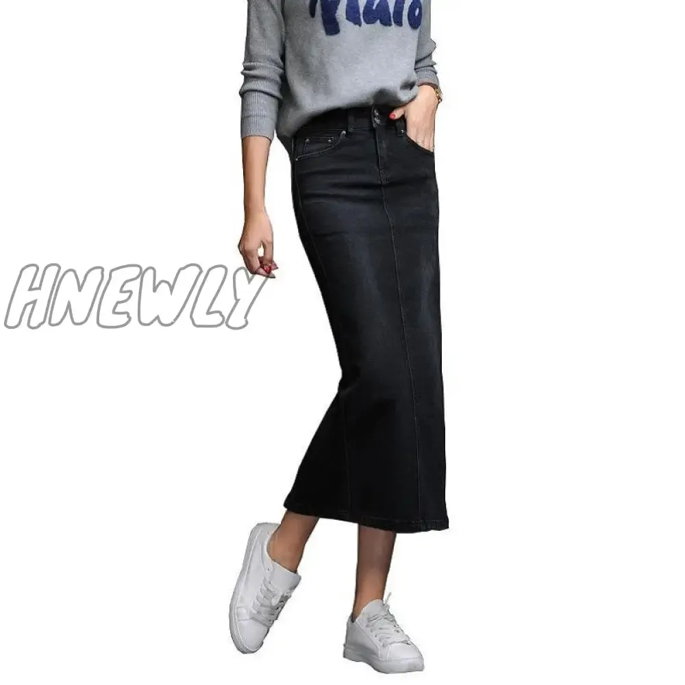 Hnewly Classic Denim Skirt Women Long Jean Skirt High Waist Pencil Skirt Ladies Stretch Black Blue Faldas Largas Jupe Longue Femme