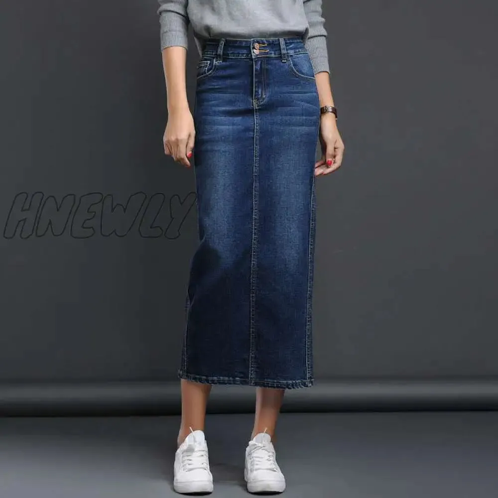 Hnewly Classic Denim Skirt Women Long Jean Skirt High Waist Pencil Skirt Ladies Stretch Black Blue Faldas Largas Jupe Longue Femme